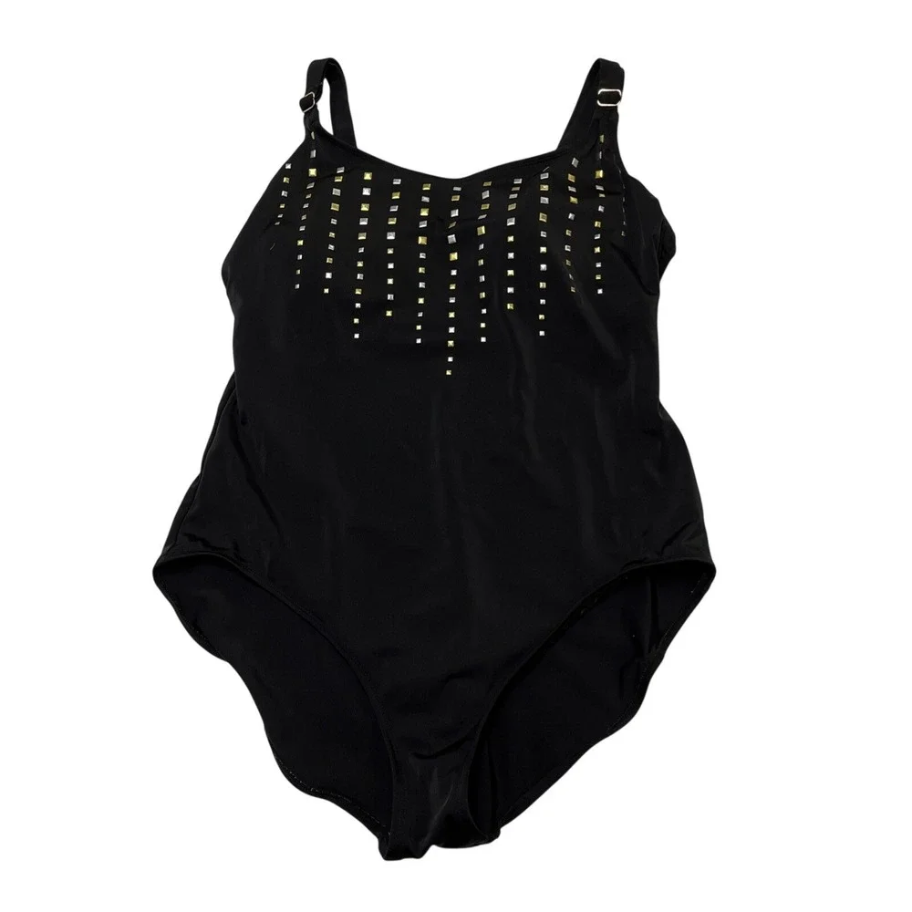 Chicos Swimsuit Black Metallic Studded One Piece 16 Padded Resort Vacation